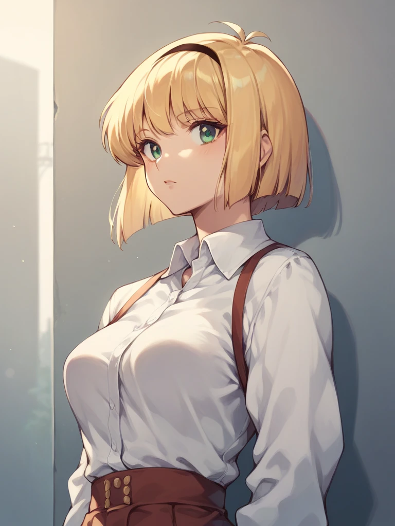 hosokowa_miki, blonde hair, short hair, green eyes,medium breasts,