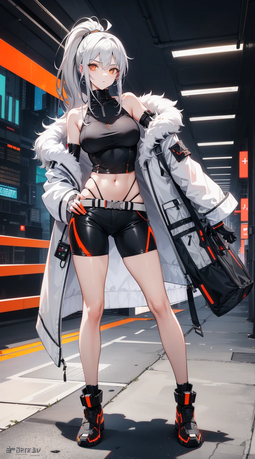 masterpiece,best quality,high resolution,8K，Focus on the thighs and above,RAW photos,Digital Photography,(Sci-fi style women),20 year old girl,Long ponytail hairstyle,By Bangs,(Purple Eyes),(white hair),Full breasts,Felling,Elegance and nobility,Serious and indifferent,Open white coat,Black Camisole,Rich details,shut your mouth,Show your belly button,Exquisite decoration,Cyberpunk future style,(Female Scholars),Photo poses,White background,oc render reflection texture