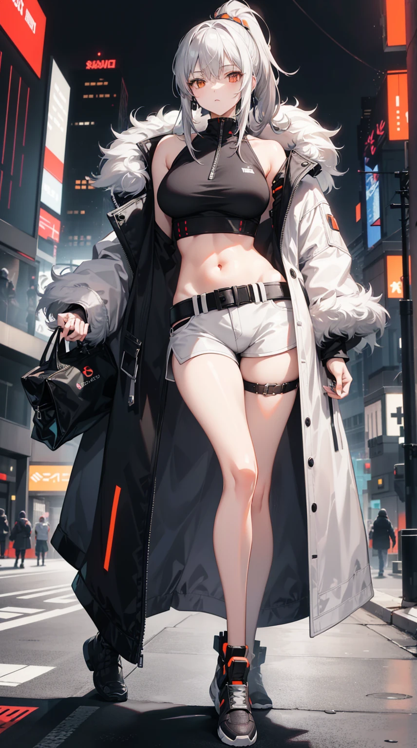 Woman in white unbuttoned jacket and stockings, white long hair, stands on a ledge with zippers in the background, nudity, big breast, cyberpunk anime girl, digital cyberpunk - anime-Art, Extremely detailed artistic.