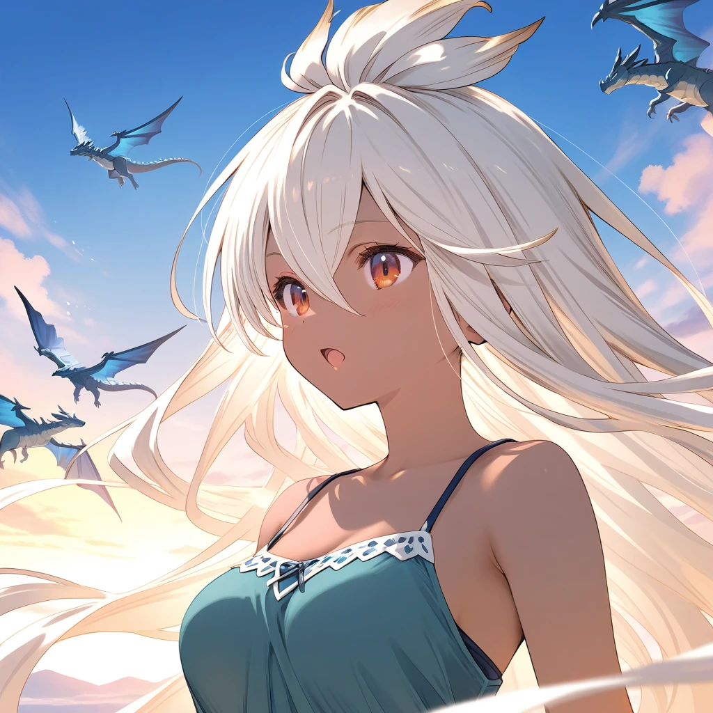 1girl, zooey_(granblue_fantasy), little female, dark-skinned female, very long hair, white hair, red eyes, beautiful detailed eyes, medium breasts,  open mouth, dragon, outdoors, wind, game CG break,((artist:shida_kazuhiro)),(artist:mitsumi_misato),(artist:fujiyama),,(masterpiece), (best quality), (ultra-detailed), very aesthetic, newest, beauty illustration,super detailed skin,  (masterpiece), (best quality), (ultra-detailed), very aesthetic lighting,hi res,absurd_res,2023,2024,(shaded),digital media (artwork), realistic lighting, 4k, 8k,photoshop_(medium),,best anime 8k konachan wallpaper, pixiv contest winner