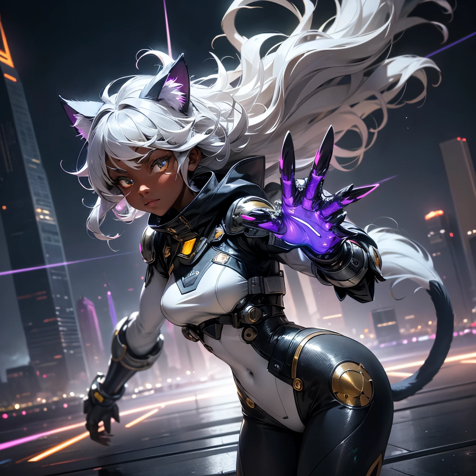 Life like sexy anime cyborg cat girl with long white hair and blue eyes, full body portrait, white and black battle dress, life like characteristics,ultra realism,  Soft smile, riding a mystical black dragon,apocalyptic background, naughty pose, hyper realistic, 3 d anime realistic, advanced digital anime art,extremely detailed art germ, 8k high quality detailed art, solo,full body portrait, amazing beauty,, dynamic pose, delicate face, vibrant eyes, (from the front), silver hair, streaked hair, very long hair, expressive hair, multicolored eyes, aqua eyes, purple eyes, fox ears,heart earrings, earrings, light smile, shy, blush, parted lips, licking lips, heavy breathing, naughty face, naughty, sparkle, god rays, super detail, high quality, anatomically correct, textured skin, best quality,full body portrait,silver wolf,seen from below,guweiz on artstation pixiv, resolution 4098x2160, 8k --auto --s2