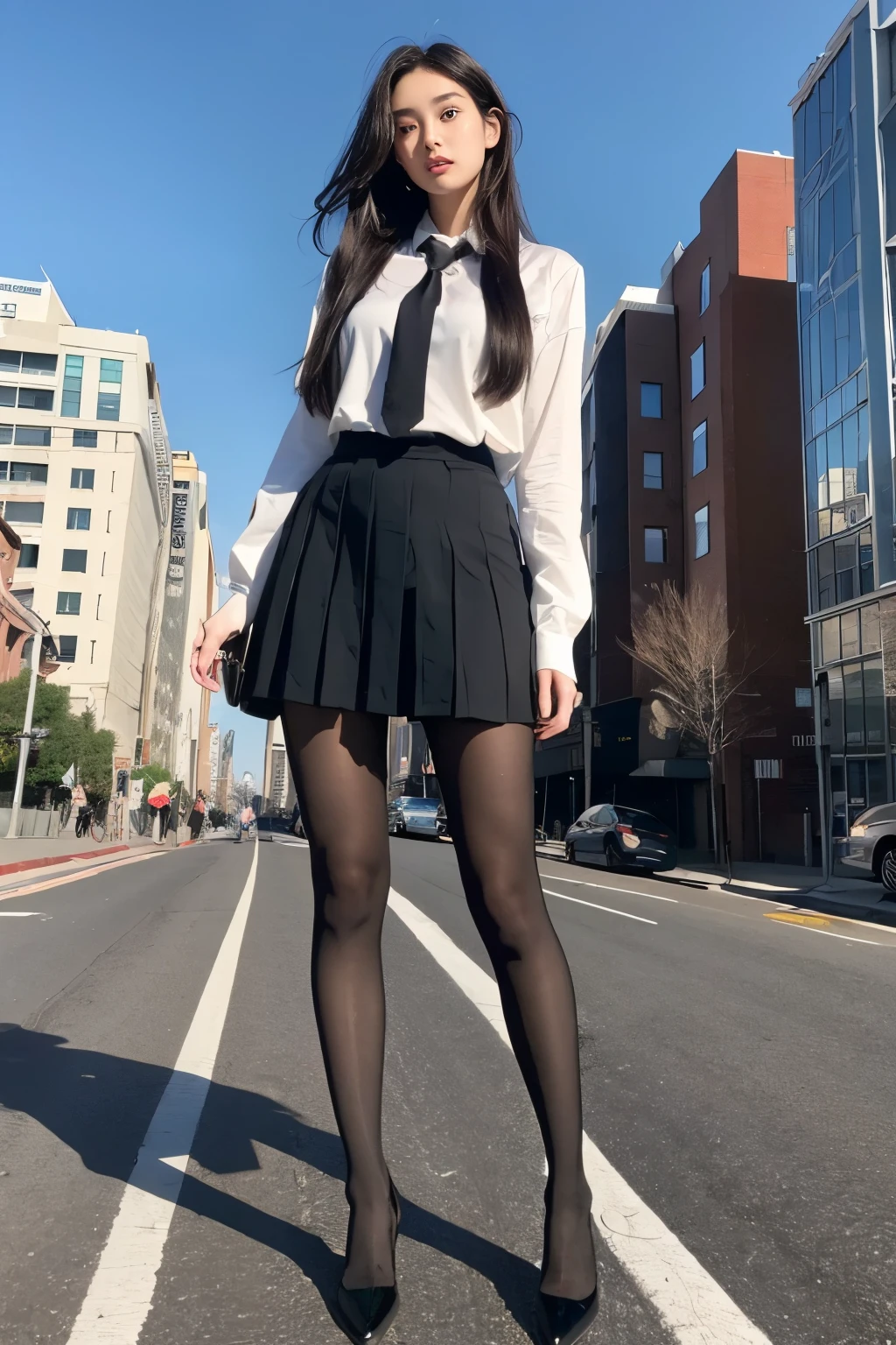 high-angle shot、mid view、1 Alafi asian woman wearing satin baubles standing in town、Very Cute Girl、japanaese girl、Wearing a lace slip dress、A surreal schoolgirl、A surreal schoolgirl、schoolgirl pose、Whole body ESBIAN、Good skin、glistning skin、Lovely thighs、glowing thigh、shiny legs、Black high socks above the knee、high school in Japan 、乃木坂アイドル、韓国アイドル、invite you in、alluring gaze、((blackstockings))