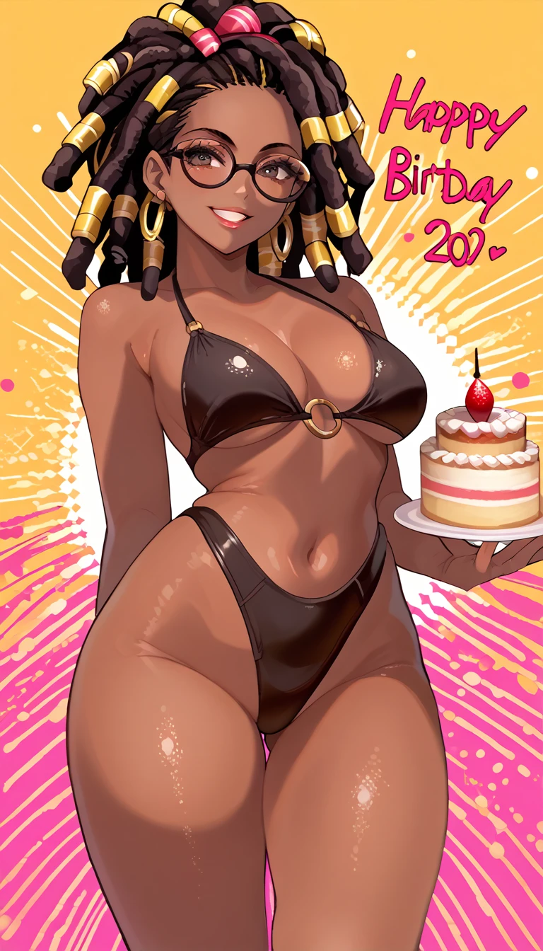 1 black woman ,Afro Brazilian, (cabelo dreadlocks longos:1.2), , dark glasses black lenses , Dark skin,  anime style , Wear a black swimsuit, Offering a birthday cake,smile, big thighs, colorful background,style gta v,party