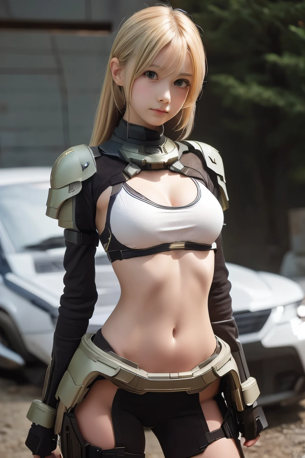 masterpiece, best quality, Very detailed, pretty girl, ager, smaller breasts, thin waist,Mech Armor,Heavy Armor,Heavily armed,Blonde, perfect eyes, so cute,slender,active pose,SF,gun,Dense forest