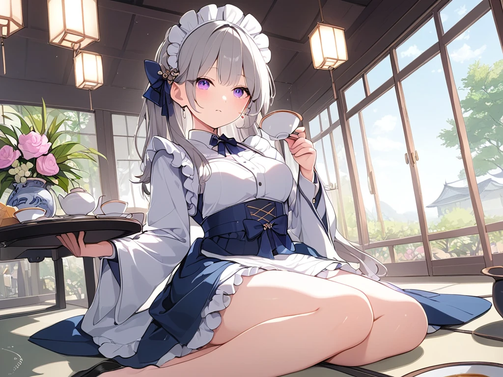 ( adult woman),(最High image quality, 8k, masterpiece:1.3), (24 years old:1.5), ( gray hair ), ( semi-long),  ( good style、Full body shot、Fair skin、 maid outfit 、 Long Sleeve 、Sophisticated, beautiful eyes、 long lashes、Waiter、Elegant、noble、 long skirt、Western-style building、garden、Pour in the tea、Tea Ceremony)), ([Ultra Clear:1.5), ( shiny skin:1.1),(Pale skin:1.1),High image quality、 clear contours、