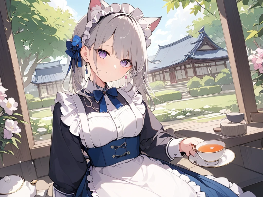 ( adult woman),(最High image quality, 8k, masterpiece:1.3), (24 years old:1.5), ( gray hair ), ( semi-long),  ( good style、Full body shot、Fair skin、 maid outfit 、 Long Sleeve 、Sophisticated, beautiful eyes、 long lashes、Waiter、Elegant、noble、 long skirt、Western-style building、garden、Pour in the tea、Tea Ceremony)), ([Ultra Clear:1.5), ( shiny skin:1.1),(Pale skin:1.1),High image quality、 clear contours、