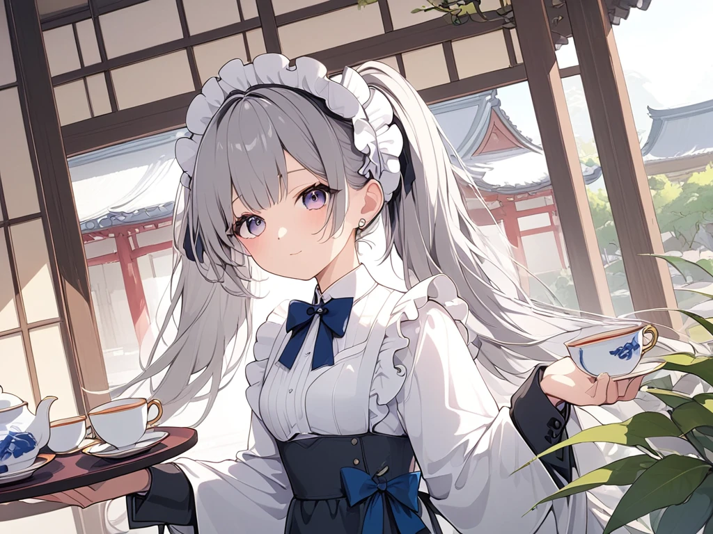 ( adult woman),(最High image quality, 8k, masterpiece:1.3), (24 years old:1.5), ( gray hair ), ( semi-long),  ( good style、Full body shot、Fair skin、 maid outfit 、 Long Sleeve 、Sophisticated, beautiful eyes、 long lashes、Waiter、Elegant、noble、 long skirt、Western-style building、garden、Pour in the tea、Tea Ceremony)), ([Ultra Clear:1.5), ( shiny skin:1.1),(Pale skin:1.1),High image quality、 clear contours、