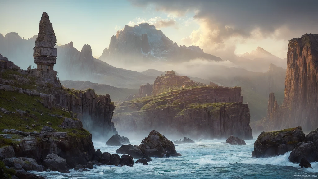  Mountain landscape sharp black mountains flowing into the clouds .  A protrusion of a plateau with a thick large cedar growing on it.  rugged terrain ,  dramatic lighting ,  dark atmosphere , epic scale,  high contrast, bright colors, dark shades,  cinematic composition , realistic 3D rendering ,  super detailed,  hyperrealistic ,  awarded photo , On the left, a cliff ,  below view of a valley with a river  (the bones of a huge creature ,  of the monstrous colossus are visible in the distance ,  The bones of the rib rise above the forest ).   dark atmosphere , dark lighting,  dramatic lighting , (( ultra wide angle x0 .5:1.7,  fisheye camera :1.7, 360 degrees:1.7)),( The bones of a huge colossal rock rib stick out on the shore and in the water)   breaking through ,  Very detailed oil painting , рендеринг unreal 5, RHADS,   Bruce Pennington  , Aivazovsky, Studio Ghibli, Tim Hildebrandt ,  Digital art , octane render, beautiful composition, trend on ArtStation, winning award , masterpiece: mythical ,  hair mystical , picturesque,  exceptionally beautiful ,  ultra detailed , 8 k, contract. colors:1.1), (( Imaginary scene   )), ((  very detailed : 1.4), (( masterpiece )), (  Hyperdetailed and beautiful: 1.3), ( Photorealistic: 1.4), 32K.  lots of details.