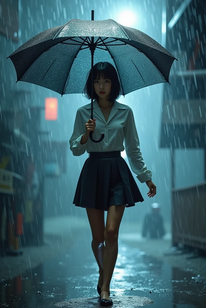 photorealistic girl holding an umbrella walking in the storm and heavy rain, white long sleeve shirt and uplift mini skirt, short black hair, dramatic lights, mist and dripping water