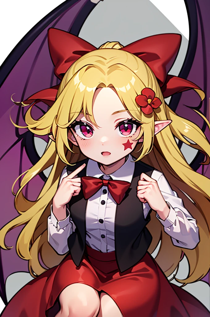 an animated drawing of a female with wings, clean line drawings, ultra cute girl, ultra cute face, ultra detailed eyes, ultra detailed hair, ultra cute, ultra beautiful, ((high end)), (UHD picture), (best quality,4k,8k,highres,masterpiece:1.2), top-quality(​masterpiece), top-quality, ultra-detailed, highly detailed texture, intricate details, high quality textures, masterpiece, best quality, perfect quality, perfect anatomy, perfect body, perfect symmetrical face, perfect hands, perfect feet, (two arms:1.2), (two legs:1.2), (five fingers each:1.2), (perfect joint:1.2), perfect joint movement, precise fingers and hands, 1 beautiful girl, 1 girl, alone, solo, , , ((())), ((ish)), (Best Quality, hight resolution), extremely detailed and lifelike, Vibrant colors, simple background, very long hair, forehead visible bangs, hair flaps, hair ribbon, hair ornament, hair flower, blonde hair, well-formed face, blonde eyes, facial mark, Star-shaped marking on left cheek, devil girl, bat wings, open vest, red vest, red collar, white blouse, long sleeves, long red skirt