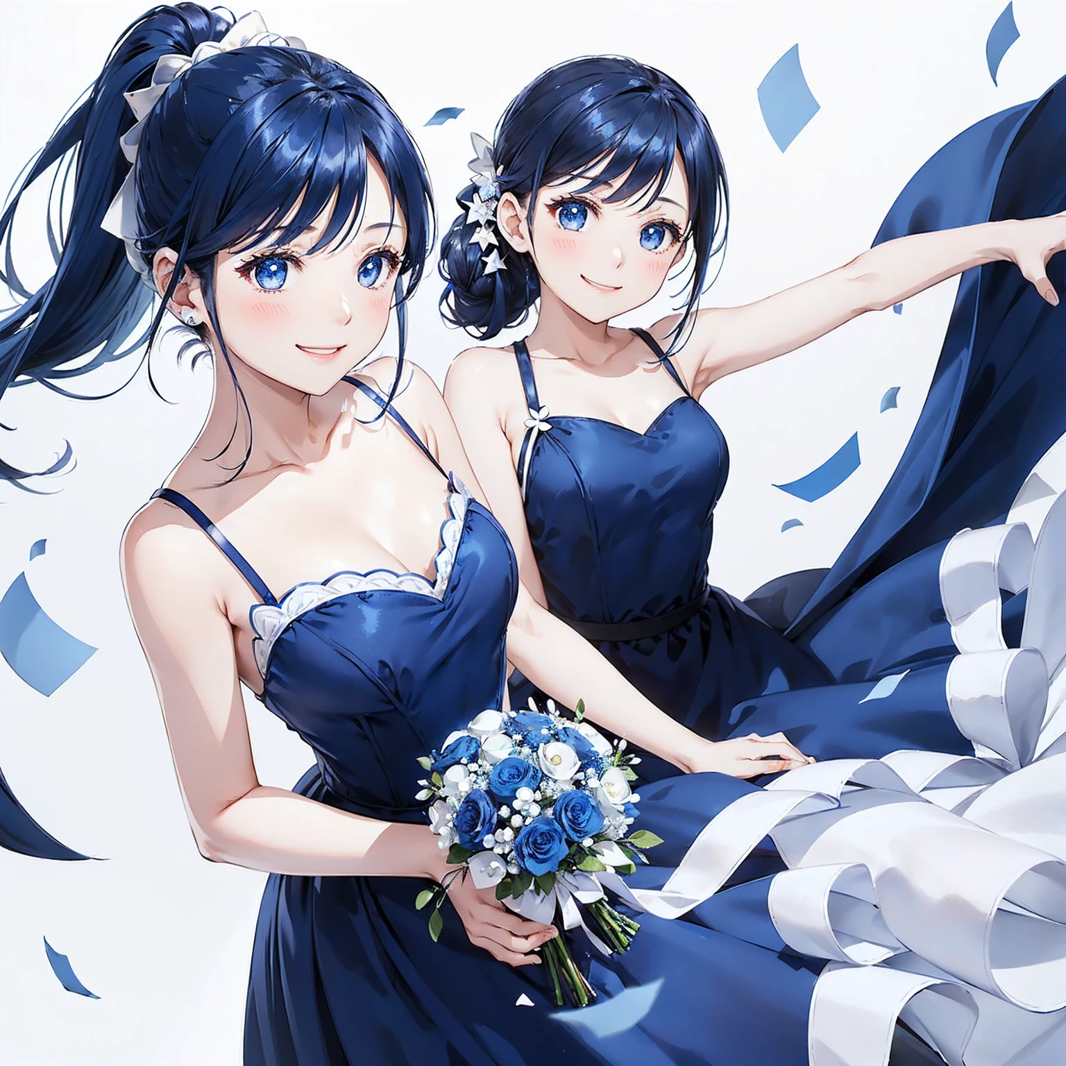 (Blue bouquet、A girl with dark blue hair、Evening Dresses、High knot ponytail、Happy smile)、(Simple Background、White background:1.6)