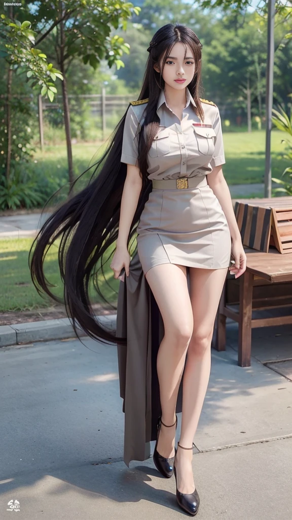 Young female couple, Hug each other, Bright red lips, stand, walk, (( full body photo :1.3)), Insatiable but Sexy, slender body, Long slender legs, Khaki suit, Khaki civil servant, Thai teacher uniform:1.3, Long hair, (Long hairสองเมตร, Long hairดำ, Her hair is very long., Long hairเป็นเงางาม, Long hairหนานุ่ม, Long hairที่พริ้วไหว),  short-sleeved shirt สีกากี,  pencil skirt short สีกากี, ((Sight a little panties )), Side slit,  decorated with military insignia,  liner Black high heels , The sexiest,  small waist , Hip lift, Small thighs, Long slender legs, ( Big Bust :1.5, Big breasts, Very big breasts, Eye-catching chest,  Giant Cleavage), สาวLong hairสองเมตร, Beautiful face,  red lips , Very shadowy, แต่งBeautiful face,  Military insignia ,  pencil skirt short , Tighten,  miniskirt พิเศษ,  miniskirt มาก,  miniskirt ,  short-sleeved shirt , Tight, In the background, Blurry Garden, Big breasts:1.3, เสริมBig breasts, perfect body,  anatomically correct ,  Stunning Posture,  Very Seductive, ท่าstandแยกขา,