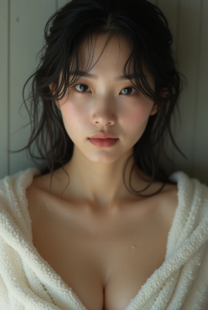 (One Girl), Very cute face, Great face and eyes, (Highly detailed eyes, Highly detailed face), Fresh, Very beautiful appearance, (Ultra-realistic, High resolution), (Highest quality:1.4), RAW Photos, (Realistic, Realistic:1.37), Professional photography , ((Wet beige tank top:1.3)) , Cleavage, (Exposing shouldersさせる), Laugh a little, (look at me), Bedroom, Portrait of a Girl ,((Small breasts)) ,((Erect nipples:1.2)) , Exposing shoulders , 15 years old