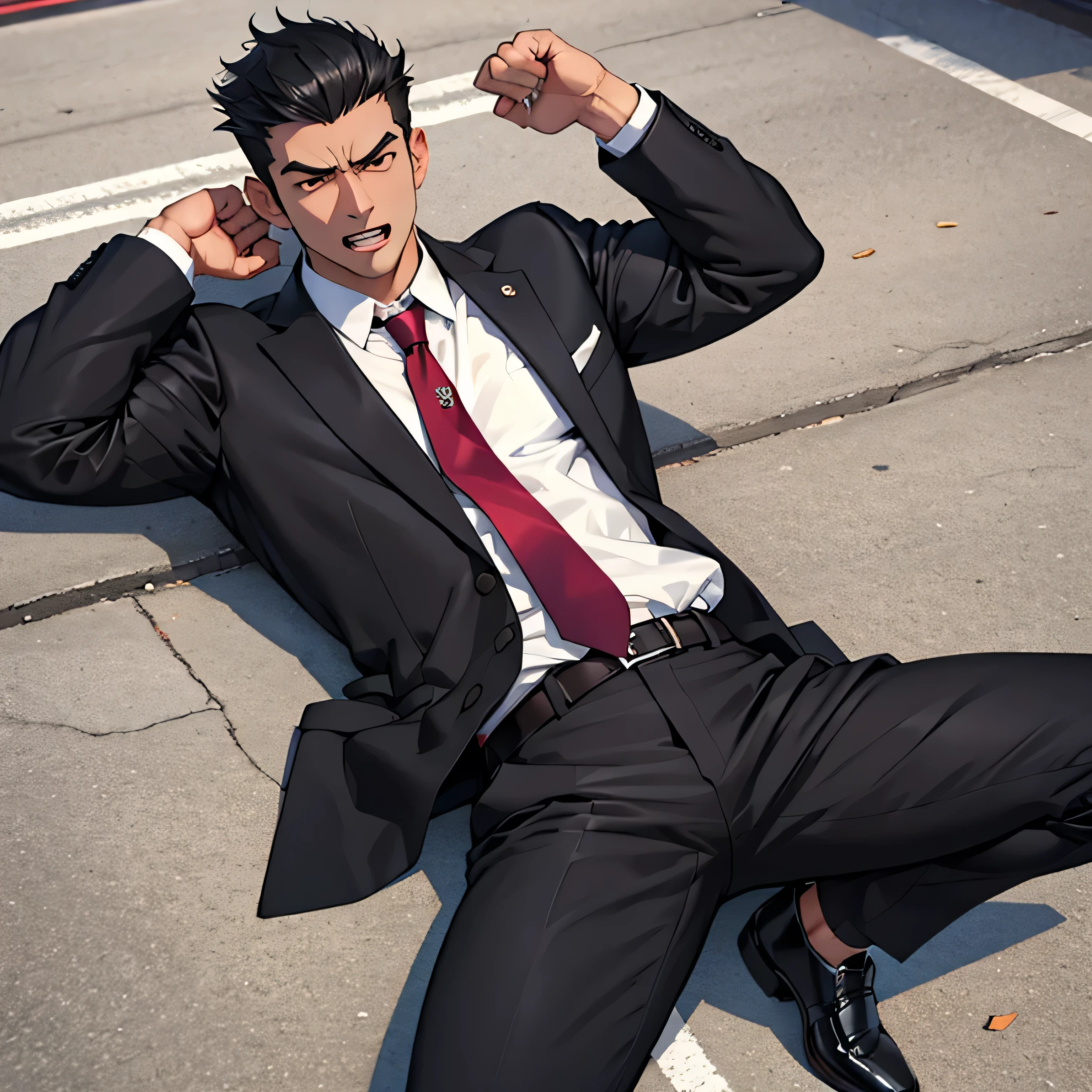 Age 25,, simple black suit、 white shirt、 Maroon Necktie,  black slim pants 、 lying on the ground  ,Spread your legs wider,black belt,Black socks,Black leather shoes,logic, Gay , black hair, Short Hair , thick eyebrows,Hairstyle hardened with wax 、Masculine,salaryman,Mob characters,Bad Actor , Erotic 3D Finish ,、View from above　Suffering face、 I'm screaming with my mouth wide open　 face up　Maroon Neckties 　Screaming in agony 　