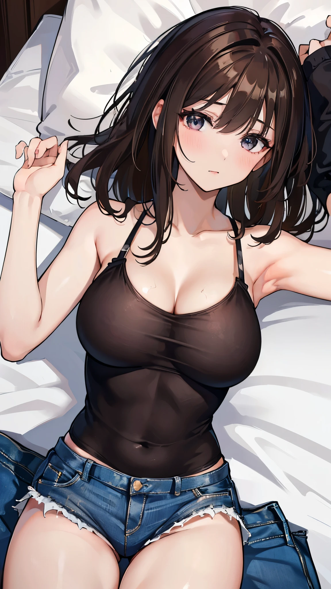 ((highest quality, 8K, masterpiece: 1.3)), sharp focus: 1.2, beautiful woman with perfect figure: 1.4, whole body, thin abs: 1.2, (((dark brown hair, medium breast)), camisole, Jean: 1.1), bed: 1.2, Highly detailed face and skin texture, fine eyes, double eyelid, sleep on your back, spread legs, show cleavage.