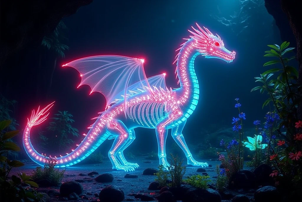 ((masterpiece)) ((photography)) ((Highest quality)) Create a mythical dragon with a transparent body and a glowing bioluminescent red skeleton visible through its translucent scales. The dragon should appear ethereal and majestic, with intricate details of its bones shining in soft light. The background features a dark, cavernous environment with bioluminescent plants casting a mystical glow, enhancing the dragon's otherworldly presence. The atmosphere should be both eerie and awe-inspiring, with the light from the plants illuminating the dragon in a magical way.