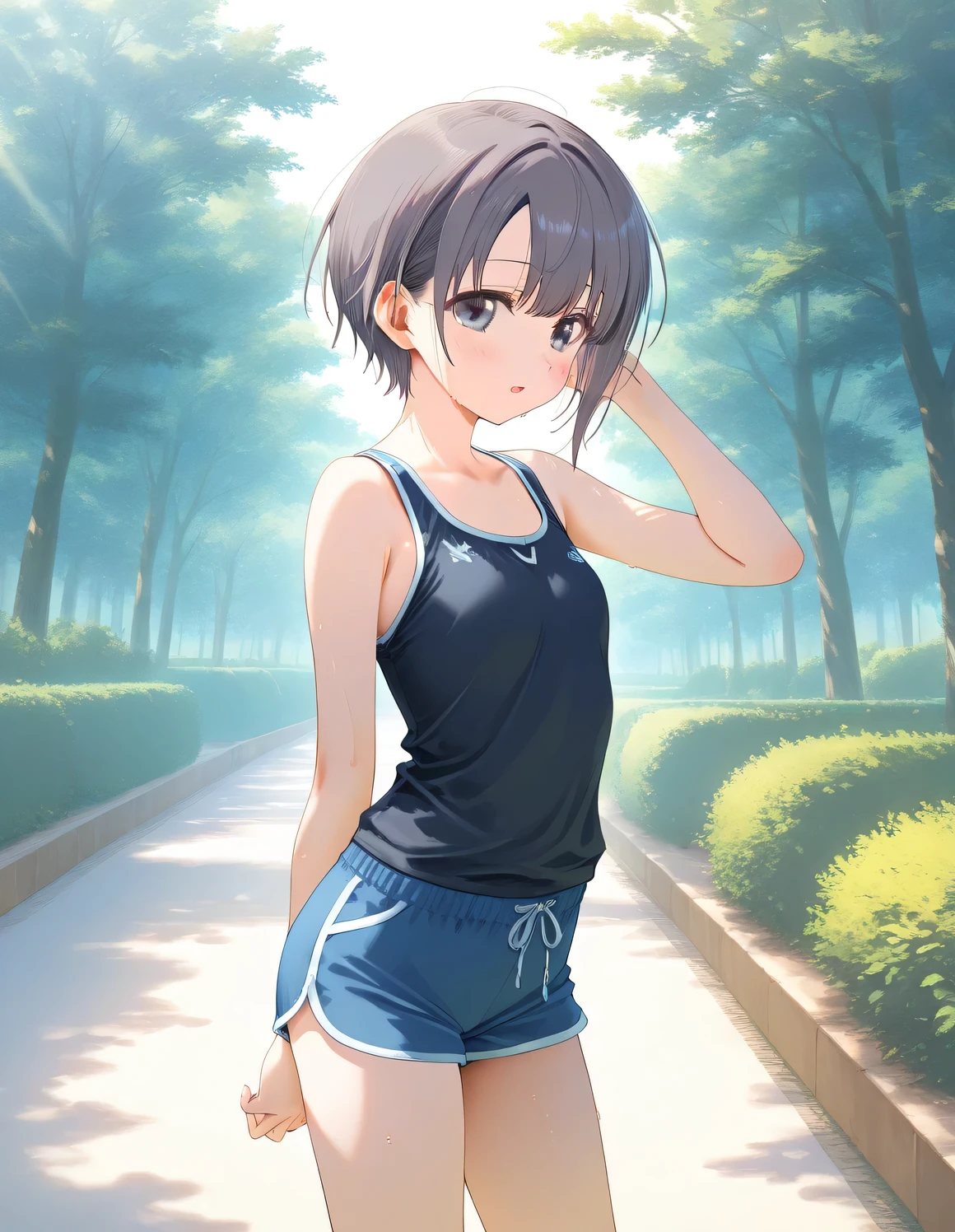 1girl, otokura_yuuki, little female, short hair, black hair, black eyes, beautiful detailed eyes, small breasts, shorts, open mouth, sweat, outdoors, wind, game CG break,((artist:shida_kazuhiro)),(artist:mitsumi_misato),(artist:fujiyama),,(masterpiece), (best quality), (ultra-detailed), very aesthetic, newest, beauty illustration,super detailed skin,  (masterpiece), (best quality), (ultra-detailed), very aesthetic lighting,hi res,absurd_res,2023,2024,(shaded),digital media (artwork), realistic lighting, 4k, 8k,photoshop_(medium),,best anime 8k konachan wallpaper, pixiv contest winner