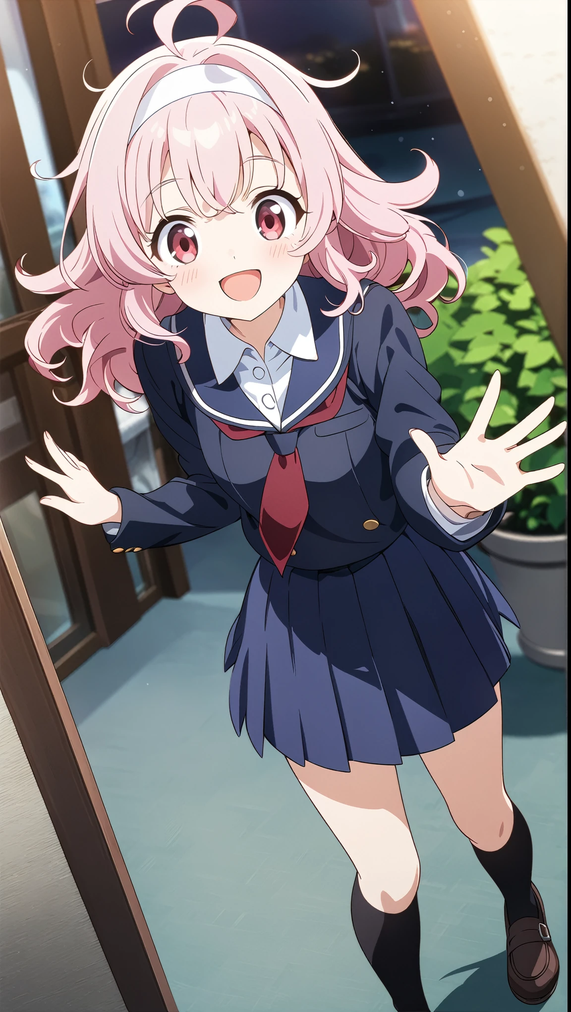 cute, pretty, red necktie, brown shoes, girl, indigo school uniform jacket, white school uniform shirt, floating hair, indigo school uniform skirt, white hairband, very messy hair, ahoge, pink hair, spiked hair, red eyes, {{black hairband}}, 1girl, smile, round eyes, big eyes, full black stocking, best quality, amazing quality, very aesthetic, highres icon, incredibly absurd, masterpiece, manga, japanese anime, blue archive art style、(masterpiece, best quality by the window), very beautiful , absurd, extremely Details CG unity 8k wallpaper, , ( Details_face:1.2), White hair up to the waist , , ( glamorous expression ), Gray eyes, Animation style 4k , , Animation Moe Art Style , Anime Art Wallpaper 4k , high quality anime art style , Anime style portrait , familiar with digital animation art , animated wallpaper 8k , cute anime girl ,whole body, depth of field , Perfect Hands, nice See alsos, 5_See also, 4_See also,1_親See also,