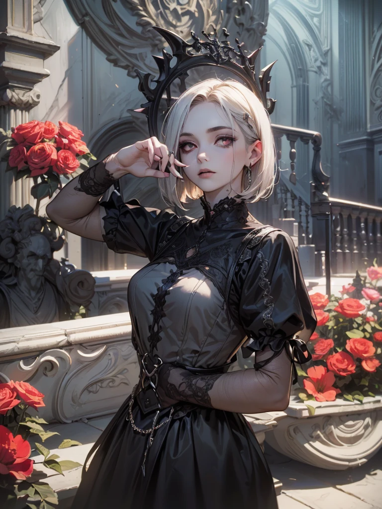 ( High Quality : 1.3),  cinematic shot, masterpiece, ( sharp concentration: 1.5), (Photographically: 1.3), Medium Portrait (Beautiful young vampire woman, Pale skin, gothic, Still proud、Brave,  straight black short bob hair wearing a dark tunic with high detail , Dark appearance, The , Dark atmosphere,  I'm wearing 、 shape is modeled with sharp chiaroscuro。), It&#39;s night, (  highly detailed skin  ), ( detailed face ),   detailed background, Dim lighting, Dusk lighting, Volumetric Lighting,  intricate detail,  ultra high resolution, red lips