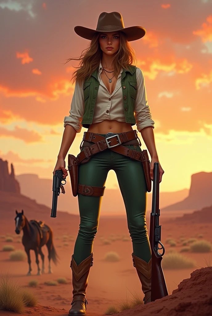 (best quality, high resolution, 8k, ultra-detailed, realistic:1.37), cowgirl, cowboy hat, beige tights