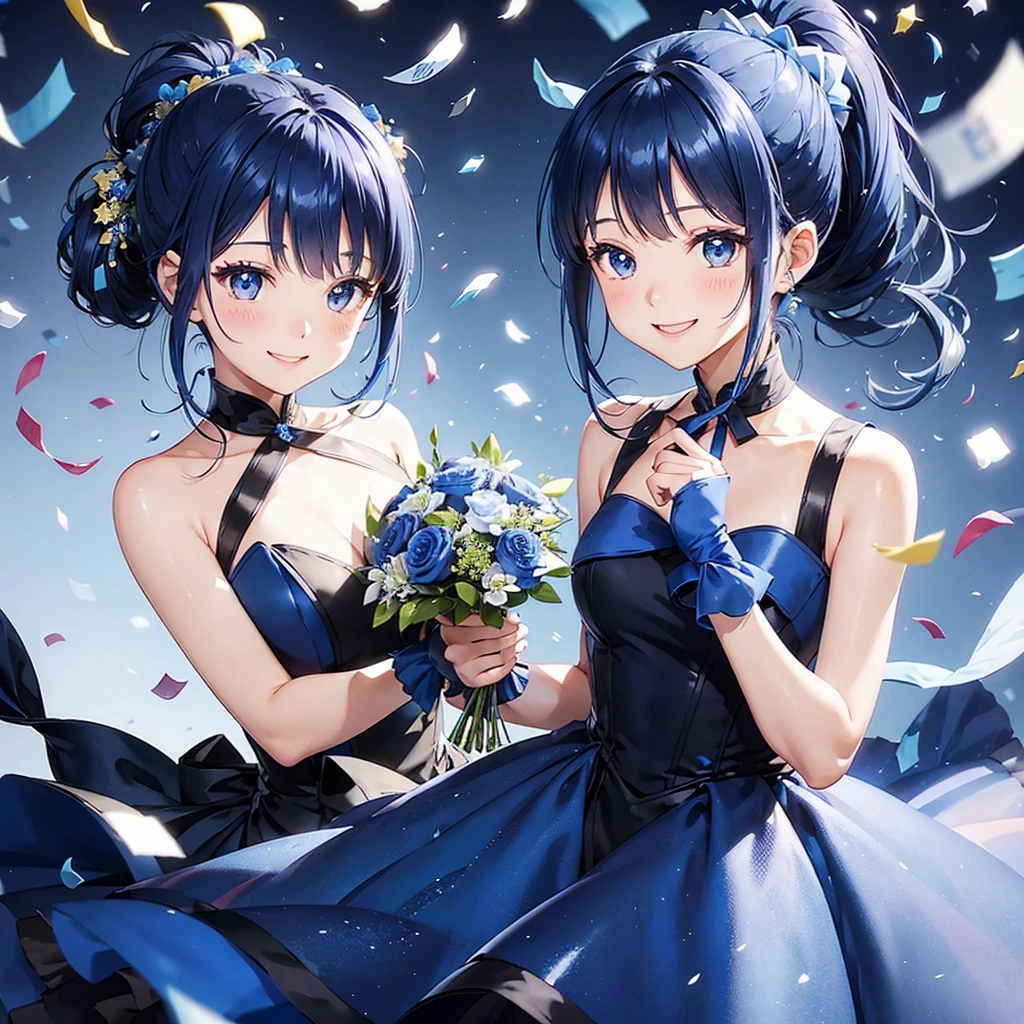 (Blue bouquet、A girl with dark blue hair、Evening Dresses、High knot ponytail、Happy smile)、(Simple Background、White background:1.6)