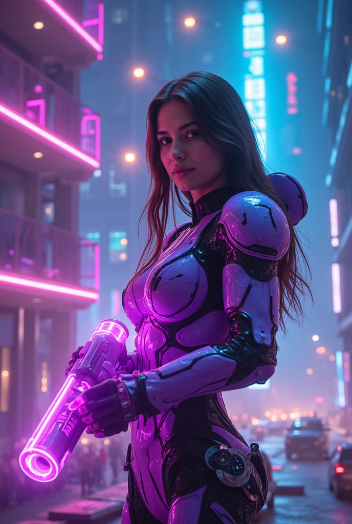 Portrait of a single Gorgeous mech warrior woman, skimpy armor, 1 woman, random color battle suite with random color LED lights, high-tech, assassin, cyberpunk city background, futuristic, detailed and intricate, (cleavage:1.2), sexy masterpiece, best quality, highest quality, high definition, highly detailed, 8K, athletic and fit body, naughty, perfect hands, detailed hands, perfect eyes, detailed eyes, flirty, sexy, realistic, HDR, UHD, dynamic, cleavage