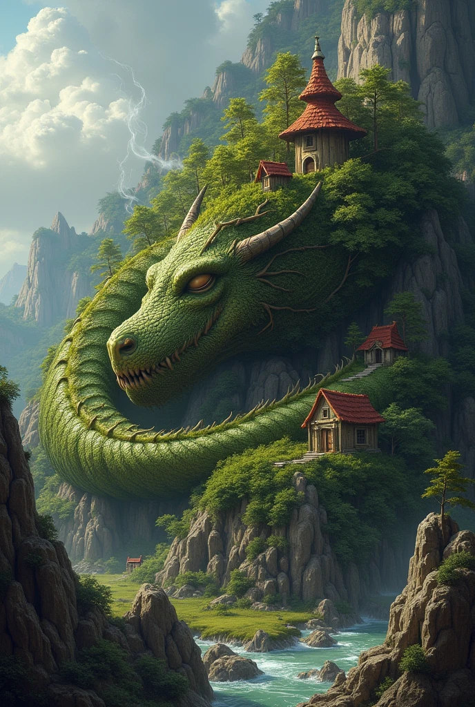 A striking cinematic poster featuring a desolated castle in ruins, with collapsed walls and broken towers. Majestic mountains loom in the background, and a dense forest surrounds the castle, adding to the eerie ambiance. In the foreground, a massive emerald-green serpent emerges from the castle's debris. It sports a thick, vine-like body, sharp-edged scales, and a Chinese dragon-like head. The serpent's glowing yellow eyes stare intensely, while backward-curving horns adorn its head. Swirling clouds of poisonous vapor escape from its mouth, creating a haunting and captivating atmosphere., poster, cinematic