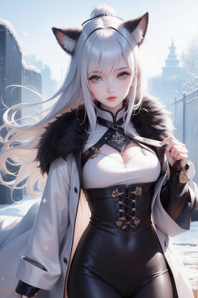 Beauty with wolf skin on her head、Snow、Wild Wolf、snow、fur coat