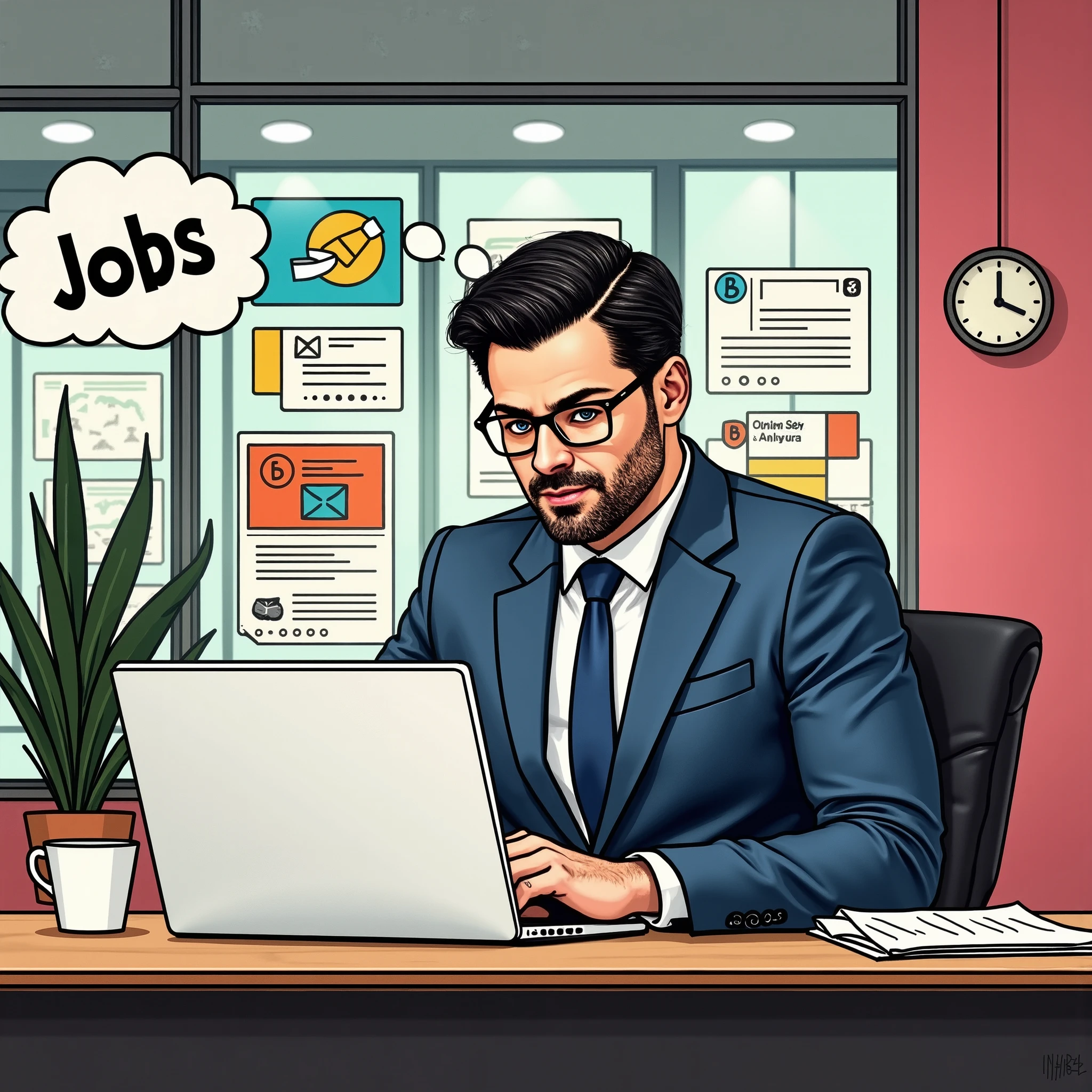 A comic-style pop-art illustration of a professional GM42 manager sitting at a desk in a modern office, focused on a laptop. The man has a well-groomed beard, wears a sharp blue suit with a tie, and glasses, exuding confidence and competence. The workspace is vibrant and organized, with colorful charts, job postings, and documents pinned to a glass wall behind him. A potted plant adds a touch of greenery, and a coffee cup sits on the desk next to the laptop. The atmosphere is dynamic, with a 'JOBS' sign creatively incorporated in a thought bubble. The lighting is bright and cheerful, emphasizing productivity and creativity in a visually appealing pop-art style.