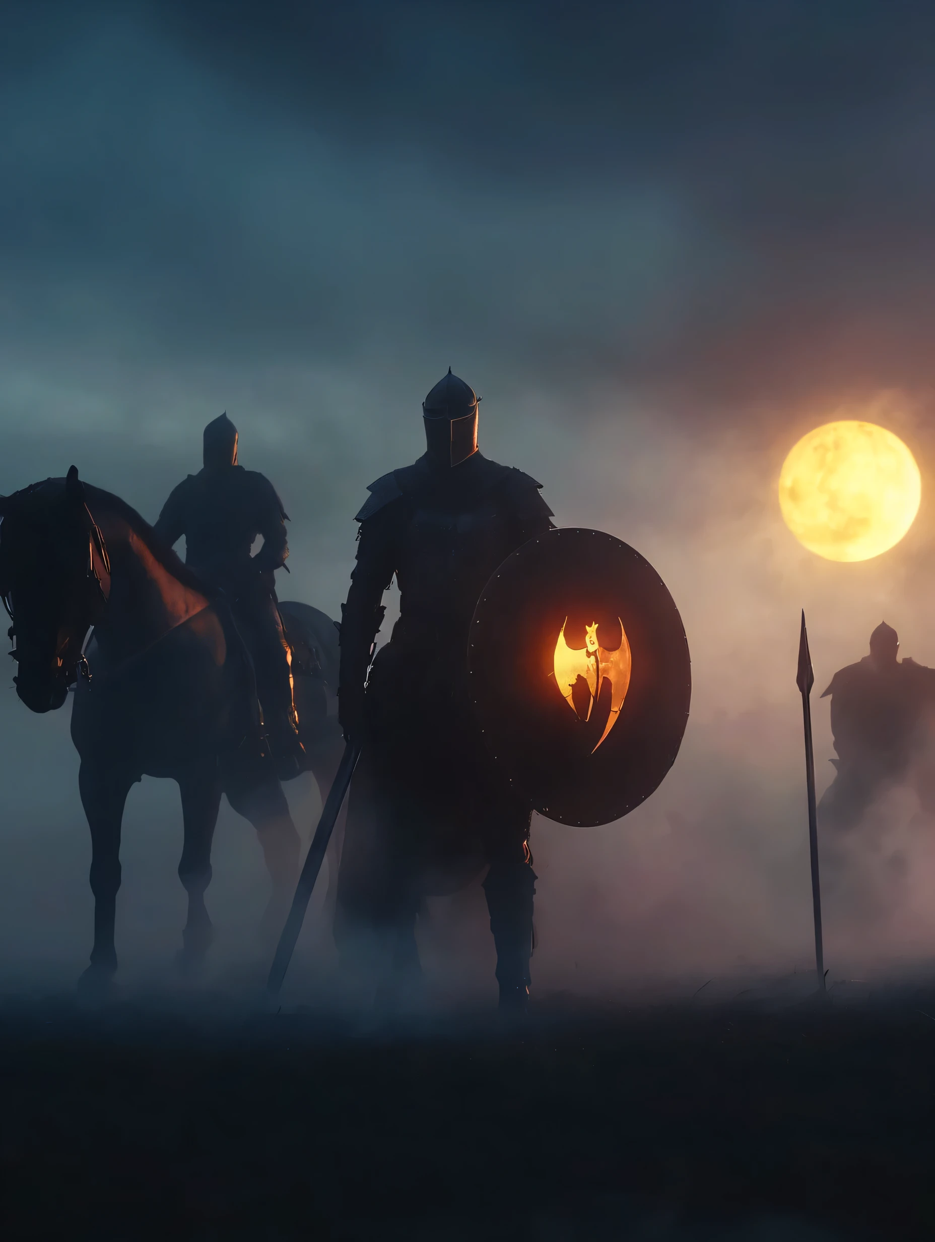 there are three men in full armor riding horses in the fog, warrior fighting in a dark scene, undead soldiers in background, from vermintide 2 video game, knights in battle, medieval fantasy game art, medieval fantasy battle, leading spartans into battle, horsemen of the apocalypse, high quality fantasy stock photo, glowing lights in armor