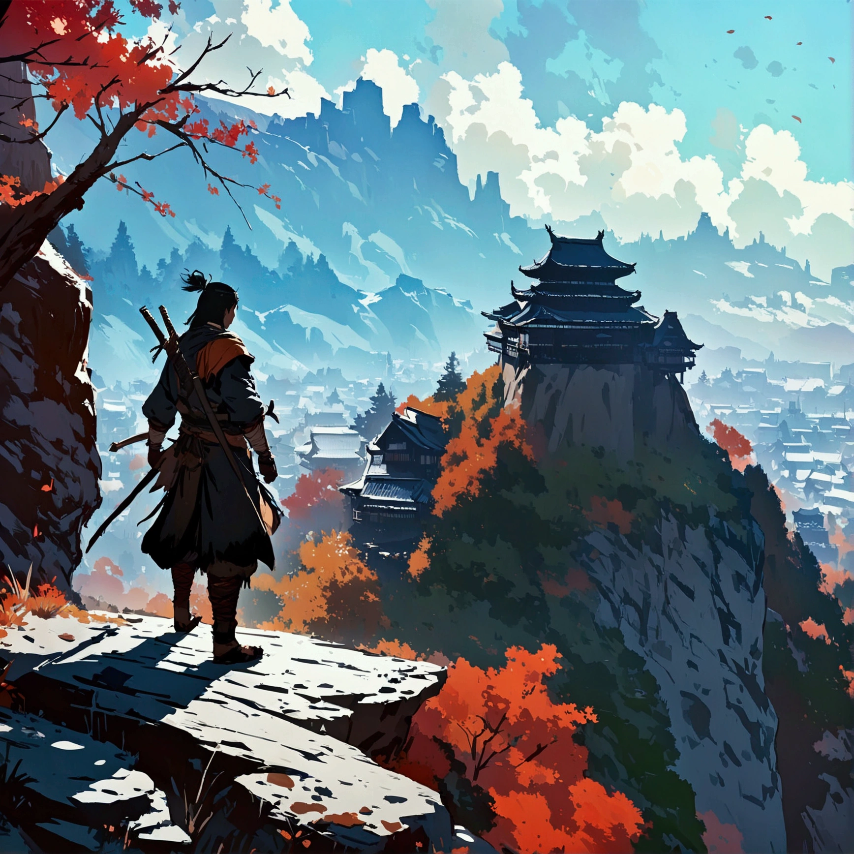 Masterpiece, best quality, (very detailed CG unit 8k wallpaper) (best quality), (best illustration), (best shadows) (male), sekiro on top of a cliff, looking at Ashina castle, feudal Japan, Ray tracing, sinister environment, ultra detailed, , impressionism style --v6