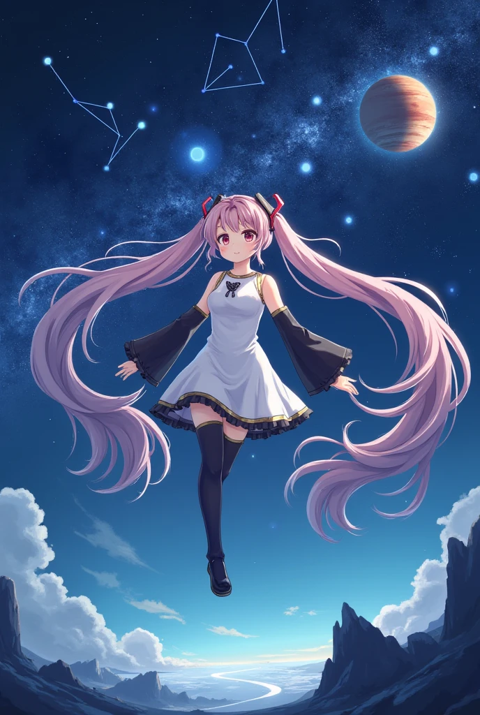 (masterpiece、 best quality、 best quality、 Official Art、 beautiful and beautiful :1.2)、( one girl who is at ease:1.3) Hatsune Miku、 twin tails, Beautiful breasts,, Asian girl in space on an alien planet between the North Star and the Big Dipper