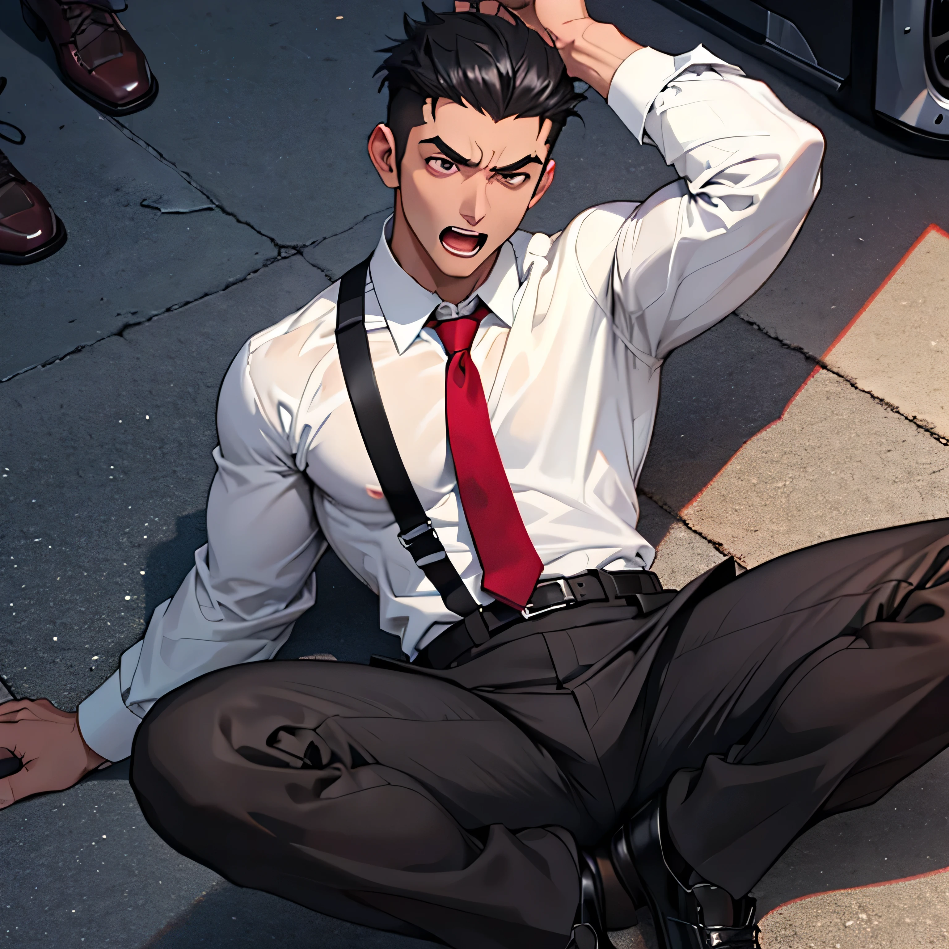 Age 25,, simple black suit、 white shirt、 Maroon Necktie,  black slim pants 、 lying on the ground  ,Spread your legs wider,black belt,Black socks,Black leather shoes,logic, Gay , black hair, Short Hair , thick eyebrows,Hairstyle that has been completely hardened with wax、Masculine,salaryman,Mob characters,Bad Actor , Erotic 3D Finish ,、View from above　Suffering face、 I'm screaming with my mouth wide open　 face up　Maroon Neckties 　Screaming in agony 