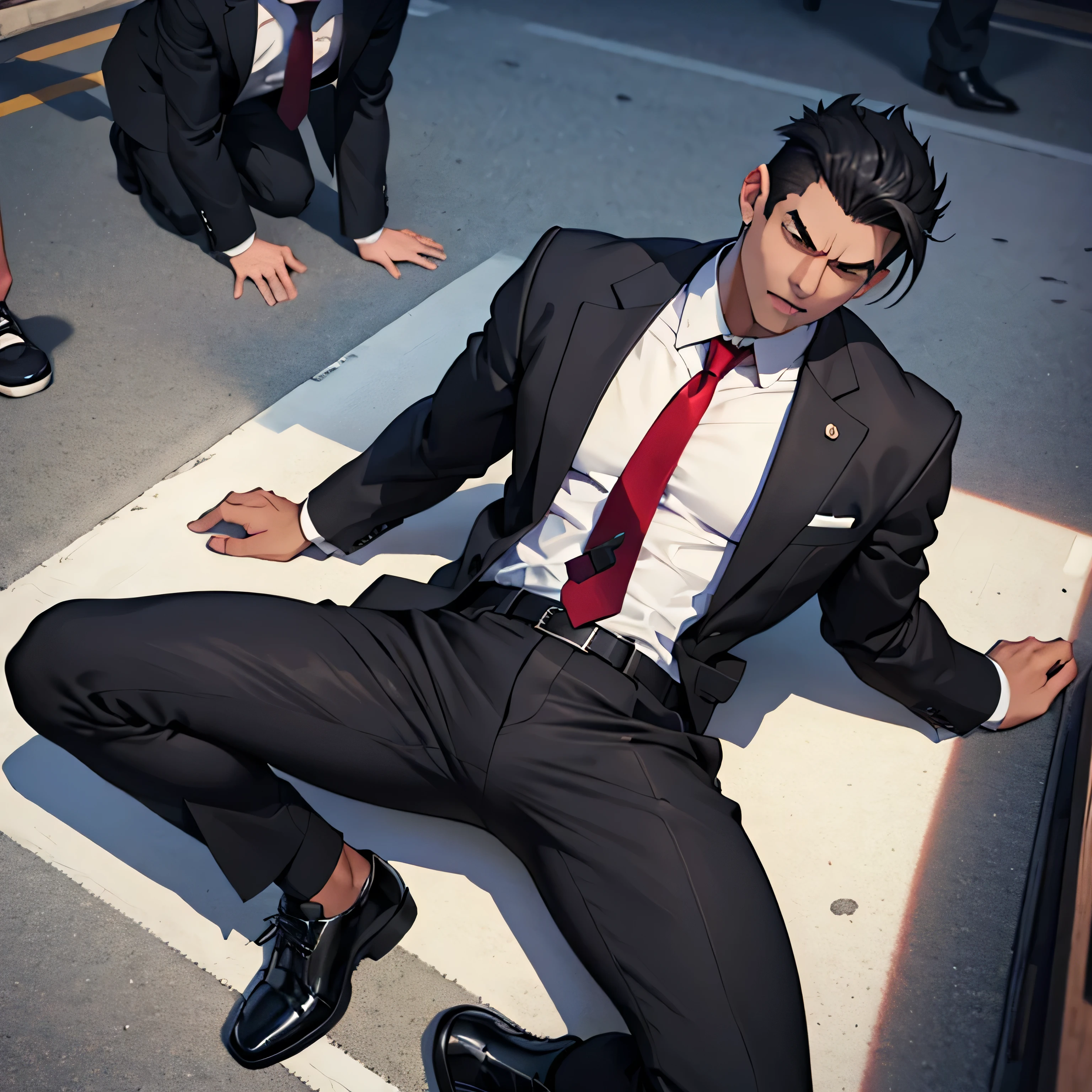 Age 25,, simple black suit、 white shirt、 Maroon Necktie,  black slim pants 、 lying on the ground  ,Spread your legs wider,black belt,Black socks,Black leather shoes,logic, Gay , black hair, Short Hair , thick eyebrows,Hairstyle that has been completely hardened with wax、Masculine,salaryman,Mob characters,Bad Actor , Erotic 3D Finish ,、View from above　Suffering face、 I'm screaming with my mouth wide open　 face up　Maroon Neckties 　Screaming in agony 