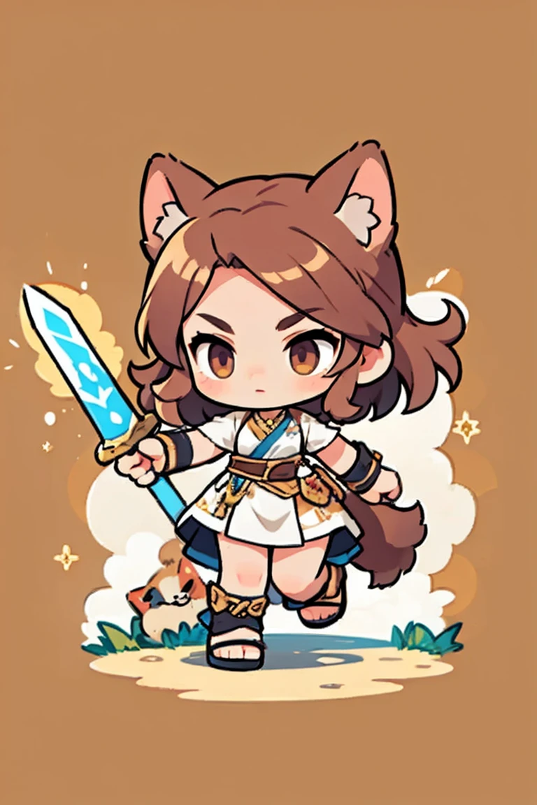 The color is brown costume,  long hair,  dog ears,   cute female warrior style, Brown and Shiba Inus at their feet, European RPG Warrior  ,  Greek style costume,  Hero pose with sword .   dynamic pose, Combat Action ,  3 tall , Natural background.    brown hair,   Full Body Protection  ,  black eyes,   spin and attack action  , Sleek Pose  ,The background is a medieval ship