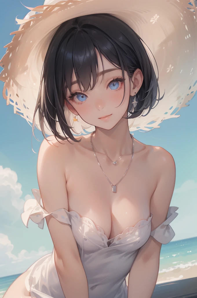 ((Beautiful breasts:1.3、Slender body、High school girl))、(((straw hat、Blue Floral Mini Dress :1.5、 silver necklace 、Beautiful thighs)))、(( Black Hair Straight Medium Bob :1.3))、(( Perfect Body 、 anatomically accurate))、(( Innocent Smile 、 happy expression))、((Close up:1.8))、(Dazzling Sunshine 、bustling street、In front of the station)、masterpiece、 best quality、(Maximum resolution: 1.2)、(Ultra HDTV: 1.2)、 cinematic light 、Ultra HDTV、(Detailed eyes and skin)、( detailed facial features)、8k resolution、 sharp focus while outdoors: 1.2