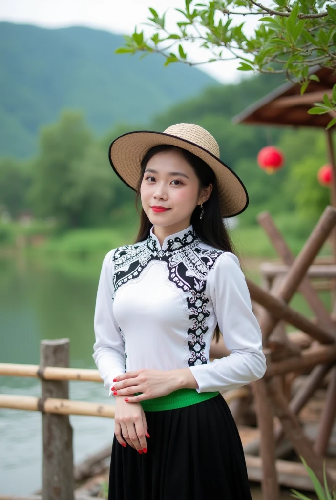 ctai, dantochaitrang,A young woman in traditional Vietnamese Thai ethnic clothing poses outdoors near a peaceful river with a wooden waterwheel and a backdrop of lush green hills. She wears a white and black patterned top, a white embroidered blouse, and a black skirt with a green elastic band. The backdrop is vibrant with natural beauty, including bamboo structures and red ornaments on nearby trees, giving the scene a lively and cultural atmosphere