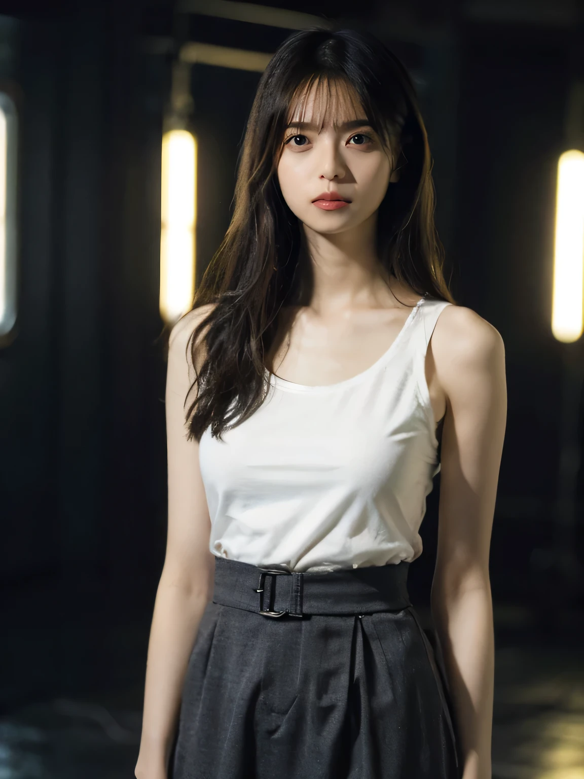 1 girl , woman, masterpiece, best quality, best quality, cinematic lighting , (Volumetric Lighting), Very detailed CG unity 8k wallpaper, Concentrated, 8k wallpaper, Very detailed, surrenders , Photographically, sharp concentration, looking for something in an absurd , ( high definition :1.2), ( high contrast ), photos, Detailed and complex, instagram, Portrait, high definition, digital painting, Art Station , concept art , smooth, sharp concentration, Illustration, cinematic lighting , (Big natural tits), black short skirt, stares at viewers, (very skinny legs), ((Slender body)), skinny, (((Height: 170cm))), ( High quality satin : 1.4, Realistic human anatomy), ((( standing with arms crossed ))), whole body:1.3, ( wearing a knitted tank top, short skirt), ((( Medium Shoulders)))