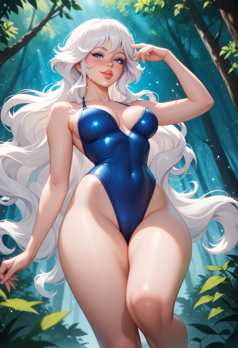  perfect details , ,  a sexy woman wearing her wavy and long white hair(messy), cabelos branco messy, looking seductively and smiling, big blue eyes , look down ,soft lips, blushed intensely , blue swimsuit, thick thighs ,hot,seductive pose, Raise one leg ,pose sexy,emphasis on sexy pose , medium chest,  perfect body  ,  lower angle,whole leg,in the forest,  light particles ,low angle (Contra- Plongée )  