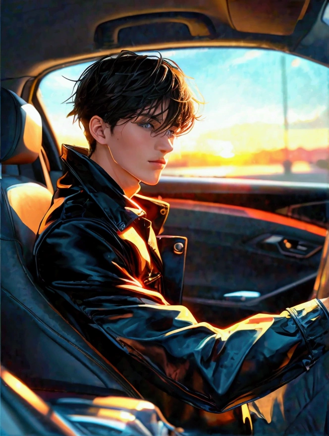 boy twink , , sits inside the car . late evening ,  outside the car window by the neon lights of the nightclub. CRASH An elderly respectable man is sitting behind the wheel of a car, next to a young man .  A man hugs a young man ,  and unfastens his pants fly 