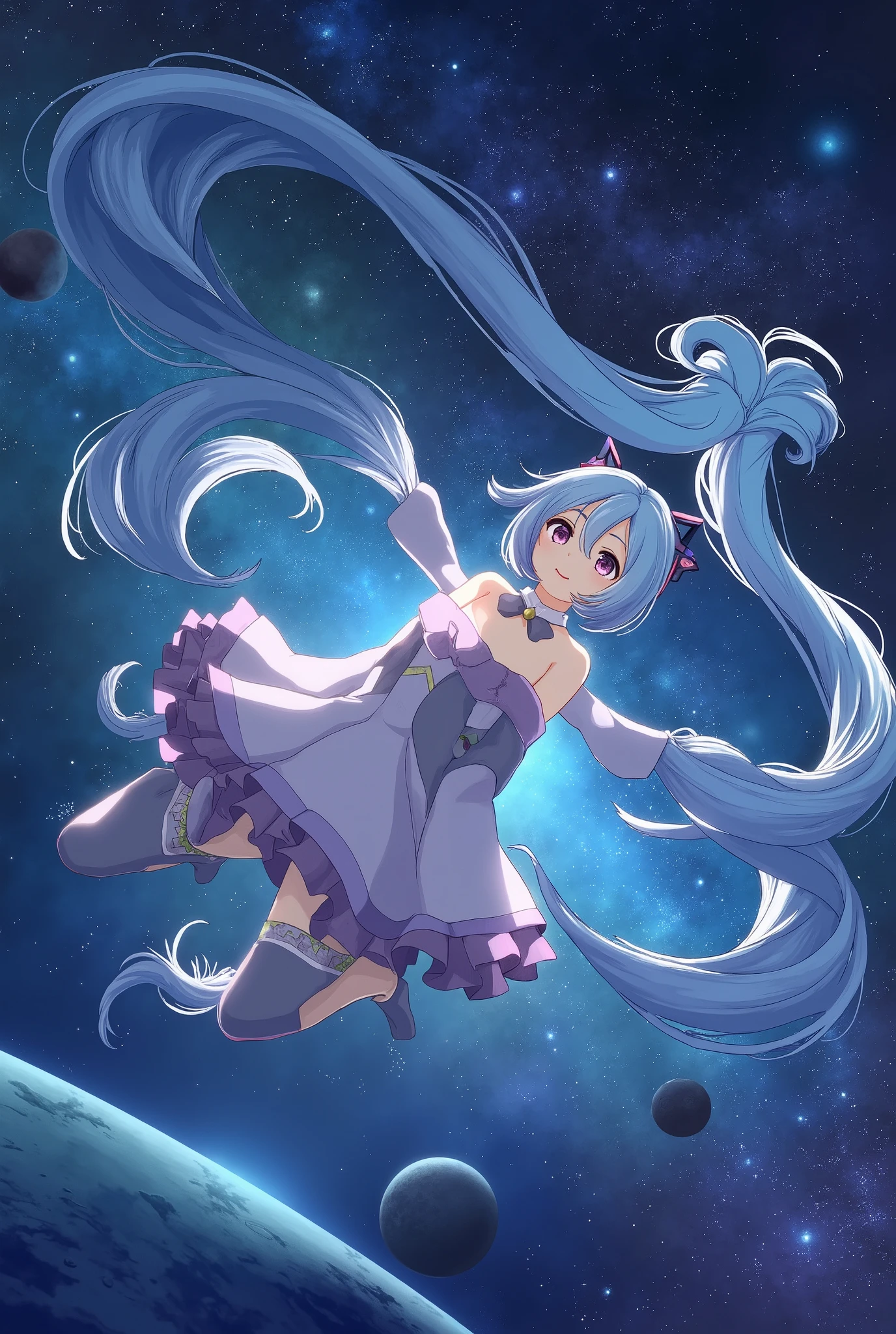 (masterpiece、 best quality、 best quality、 Official Art、 beautiful and beautiful :1.2)、( one girl who is at ease:1.3) Hatsune Miku、 twin tails, Beautiful breasts,, Asian girl in space on an alien planet between the North Star and the Big Dipper