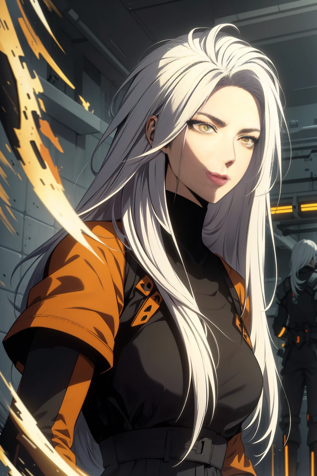 full body shot, Style by Tsutomu Nihei, (haute résolution:1.18), detailS, ( masterpiece:1.1), ( top quality :1.1), absurdres),(1fille, portrait, white hair, orange eyes,  Long Hair,  detailed eyes)