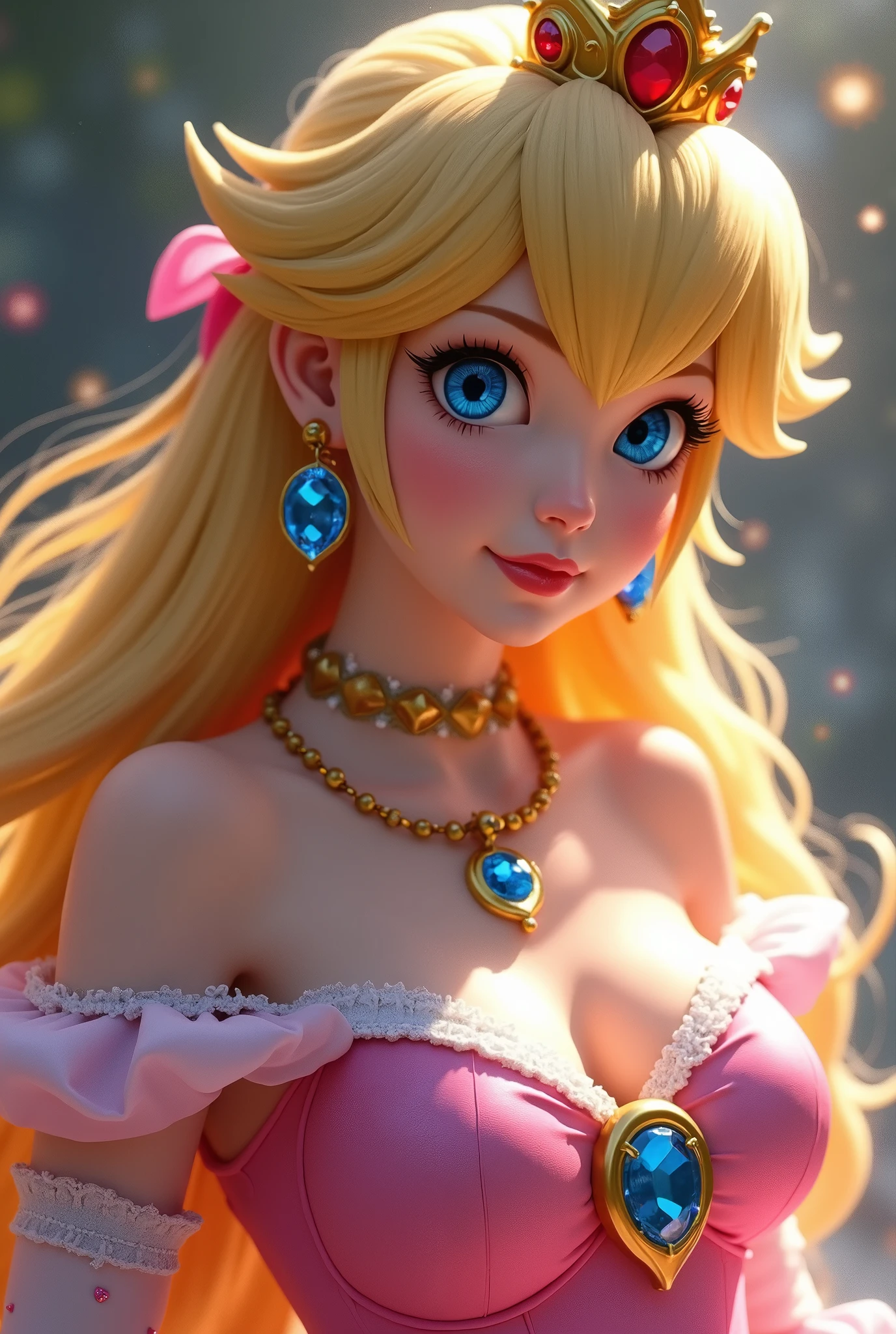 Princess Peach, cleavage, (masterpiece, top quality, best quality), 1girl, full body, Elegant, Attractive, feminine charm, provocative pose, expressive body language, Mãos nos seios