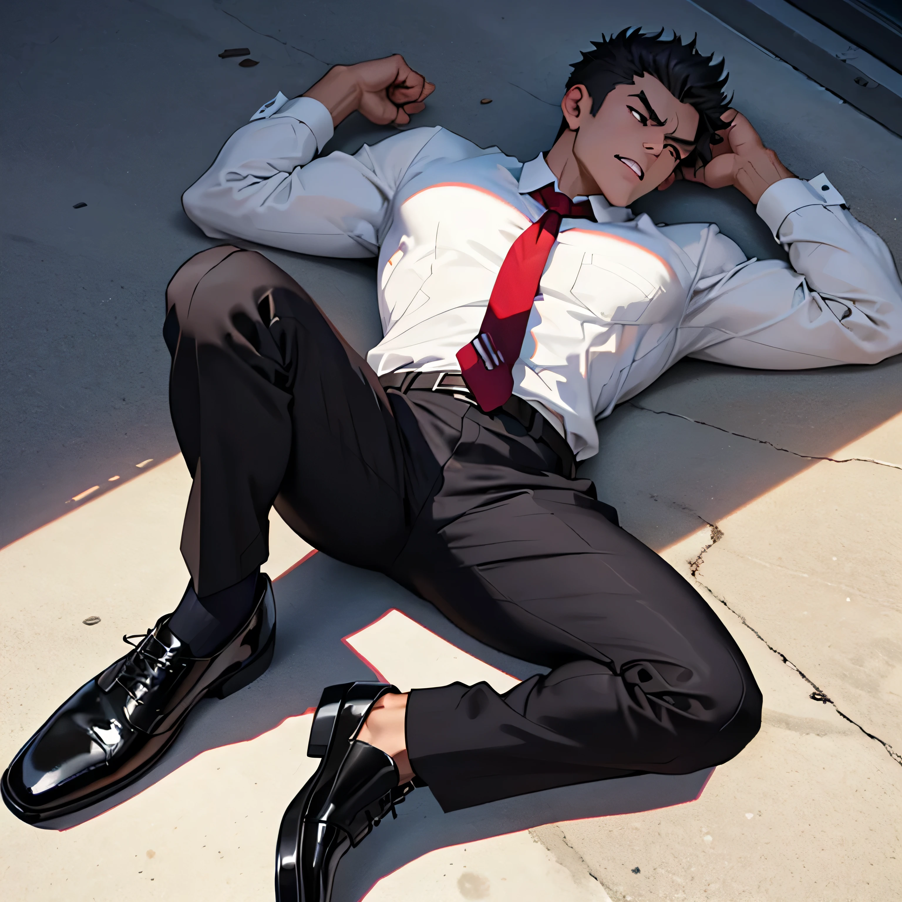 Age 25,, simple black suit、 white shirt、 Maroon Necktie,  black slim pants 、 lying on the ground  ,Spread your legs wider,black belt,Black socks,Black leather shoes,logic, Gay , black hair, Short Hair , thick eyebrows,Hairstyle that has been completely hardened with wax、Masculine,salaryman,Mob characters,Bad Actor , Erotic 3D Finish ,、View from above　Suffering face、 I'm screaming with my mouth wide open　 face up　Maroon Neckties 　Screaming in agony 　