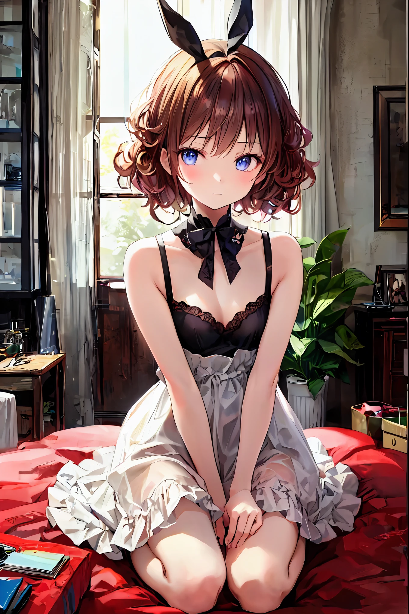 Late night bedroom、electric light、ベッドで仰向けに寝ている brown hairの美しい女の子、、the above、 dim room sitting in a wooden box、Amber lighting、 embarrassed face 、 Very detailed,  super A high resolution , razor dress 、( best qualityのイラスト:1.2), (cute girl:1.1), ( 1 girl, Alone:1.5), ( 1 girl、、 like a 、One Pose、cute、 pretty picture wearing a dress、(( 1 girl、Alone)), ( best qualityのイラスト:1.2), (cute girl:1.1), ( small breasts、 super detailedな目:1.2)、 brown hair、 Short Hair 、 wavy hair、Curly hair、 Rose Tail、BREAK( best quality、 super detailed、 Very detailedで美しい、  ultra high resolution、Detailed arms:1.2)