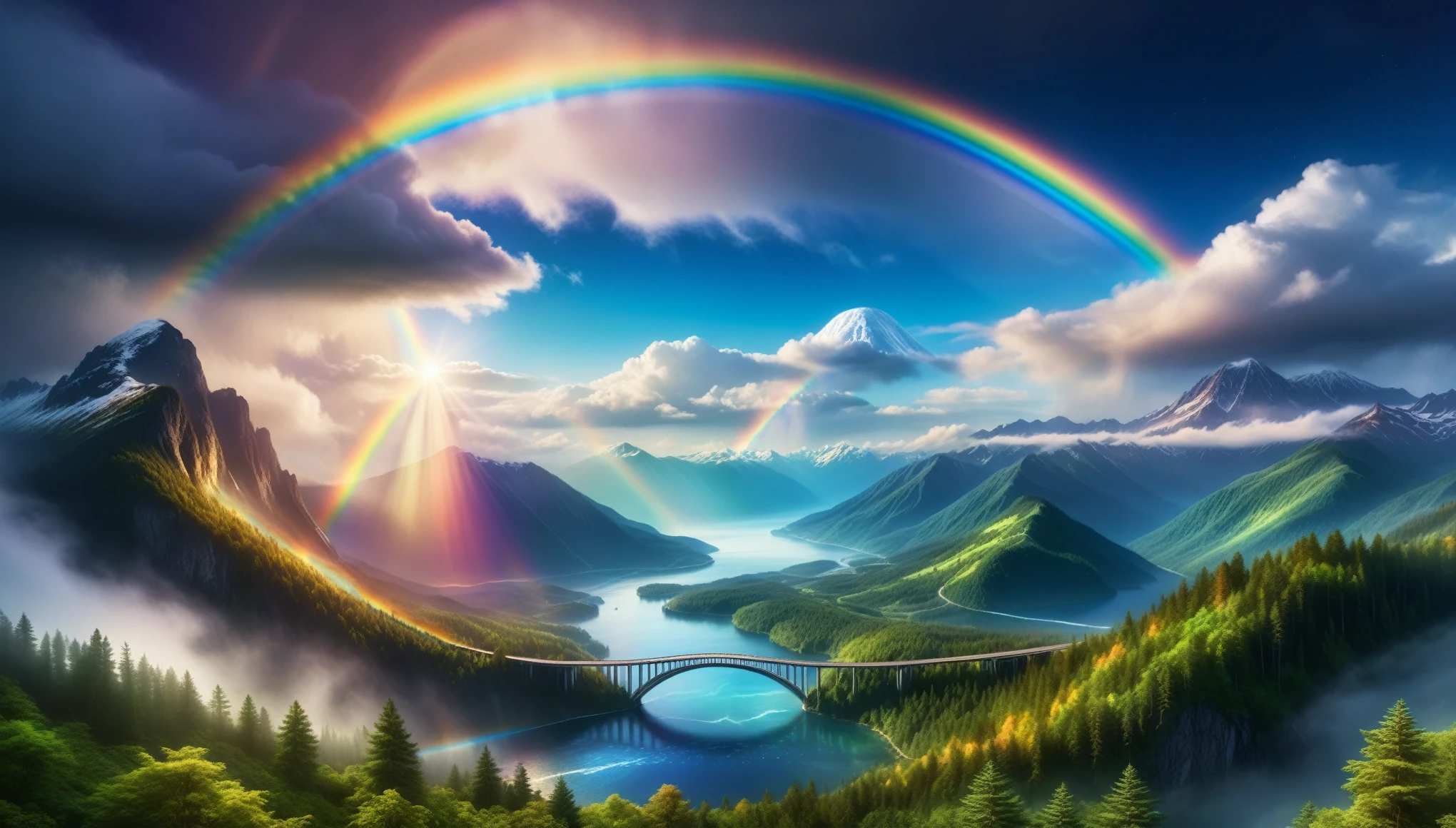 A beautiful cloud sea, a rainbow bridge spanning between the clouds, detailed mountains and forests in the background, magical atmospheric lighting, highly detailed, photorealistic, 8k, HDR, studio lighting, vibrant colors, dramatic lighting, cinematic composition, epic landscape, awe-inspiring, mystical, ethereal