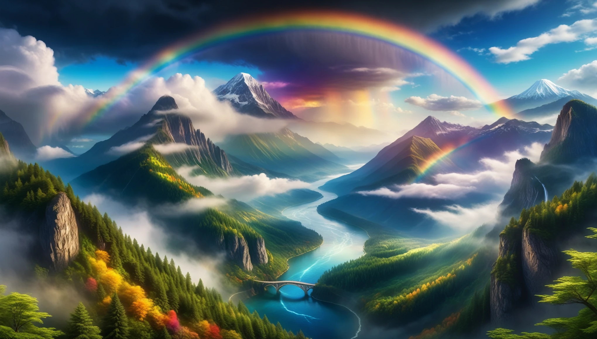 A beautiful cloud sea, a rainbow bridge spanning between the clouds, detailed mountains and forests in the background, magical atmospheric lighting, highly detailed, photorealistic, 8k, HDR, studio lighting, vibrant colors, dramatic lighting, cinematic composition, epic landscape, awe-inspiring, mystical, ethereal