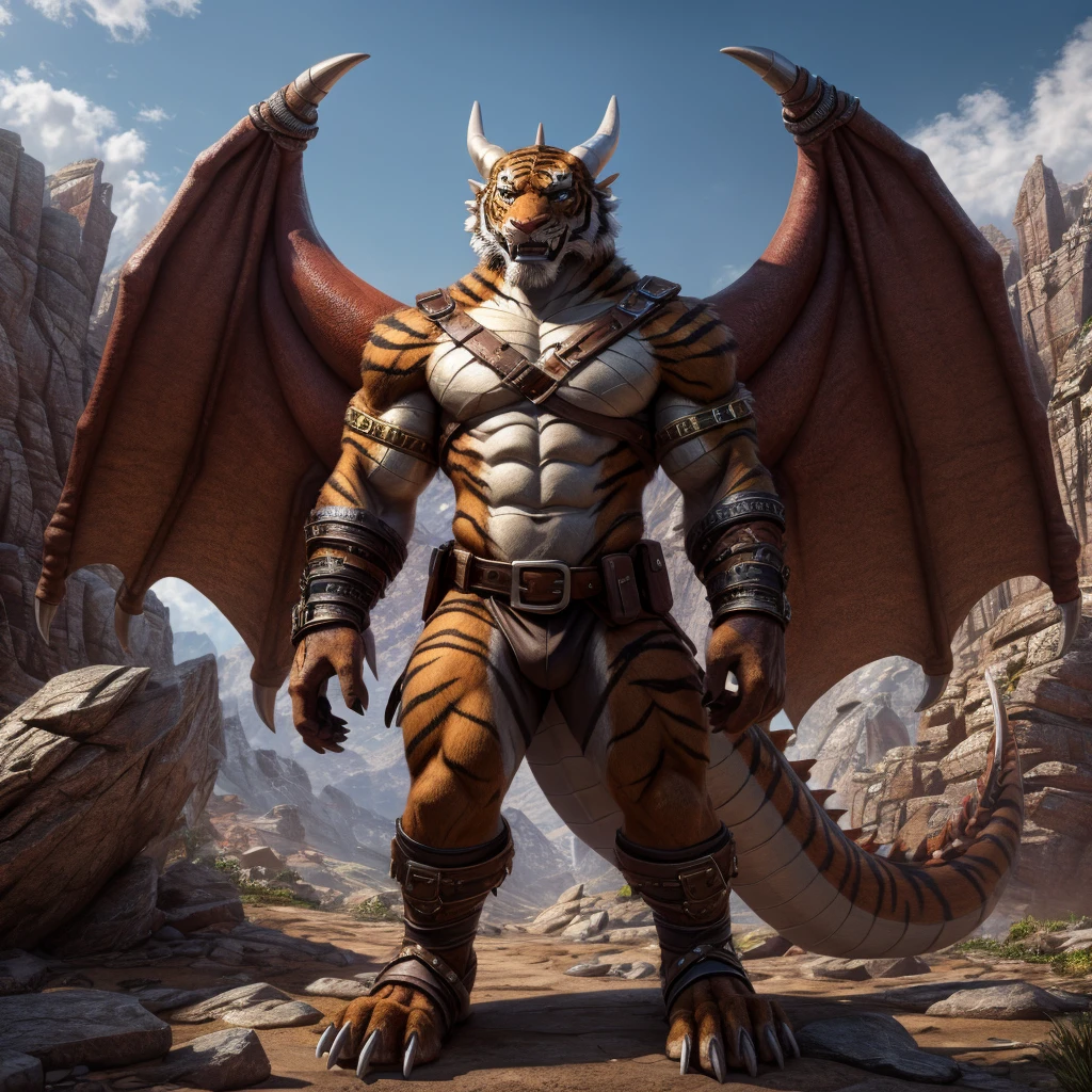 A tall, naked, male, muscular, Dragon with biceps with orange skin and yellow front side, green eyes, (soft shading), 4k, hi res, desert background, Dragon is wearing a glossy brown leather dog collar around the neck, Dragon is wearing glossy brown spiked leather bracelets around the wrists, Dragon is wearing glossy brown spiked leather bracelets around the ankles, Dragon has three toes, small claws on fingers and toes, Dragon has 4 fingers, flexing muscles, clenching teeth, leather collar and bracelets are worn at the same time, leather collar is thick, leather collar is extremely detailed, leather bracelets are extremely detailed, leather collar is smooth, leather collar is glossy in texture.