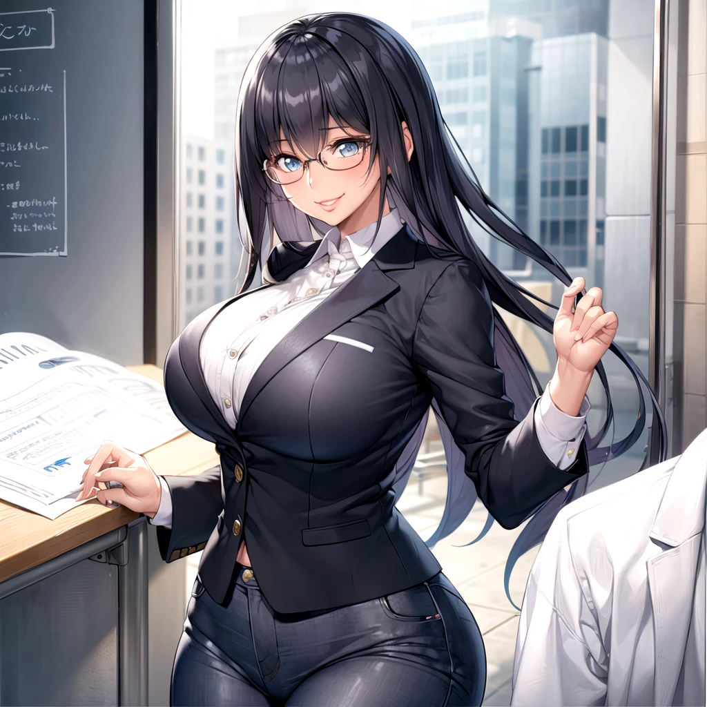  1 girl , Big Breasts , watching viewers, , black hair, lips, mature woman,  Short Bang ,Glasses, suit, school teacher ,classroom, jacket,Curvy,Long Hair,smile,, upper body,pants, Portrait,, masterpiece,  High Quality ,