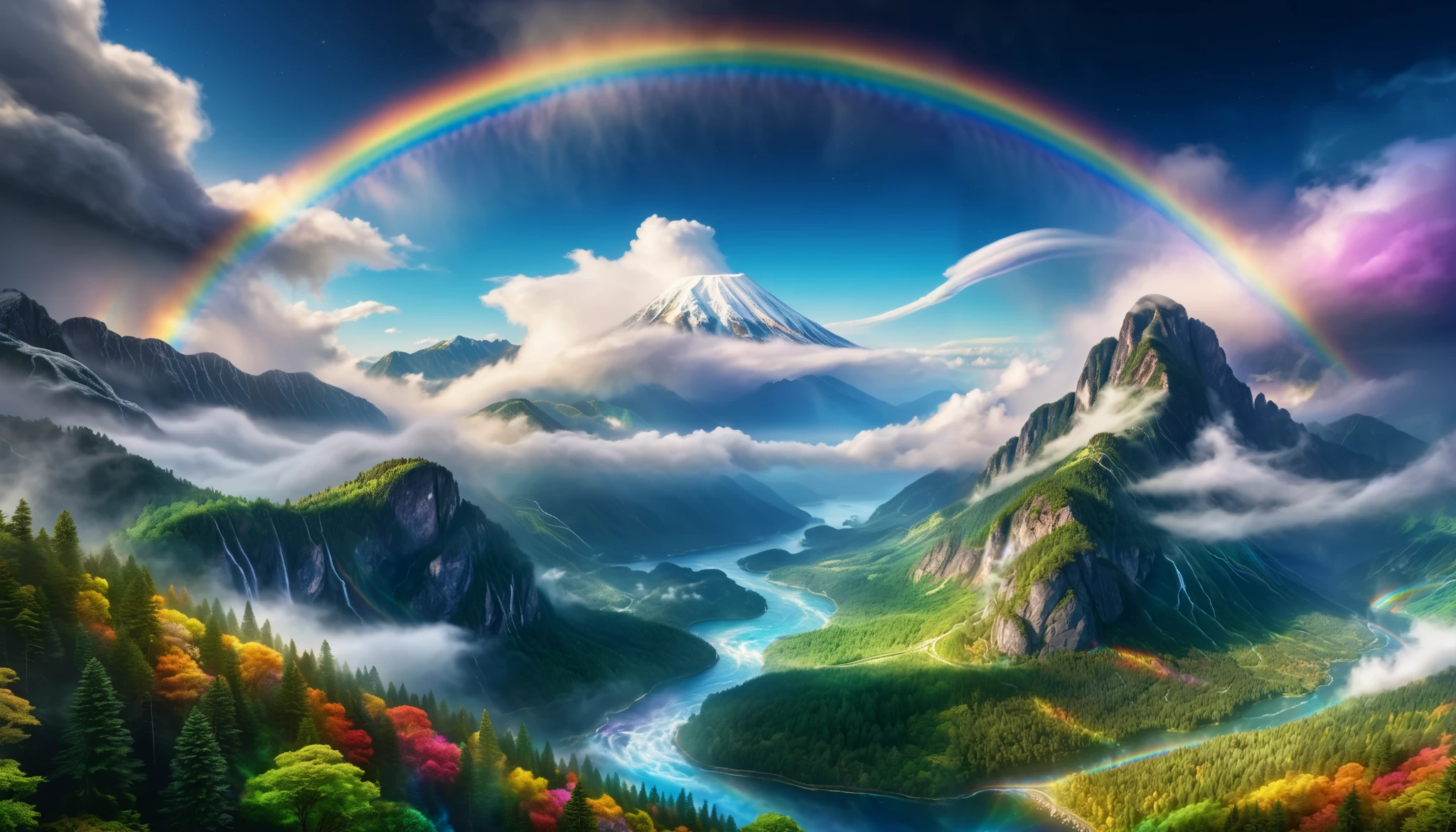 A beautiful cloud sea, a rainbow bridge spanning between the clouds, detailed mountains and forests in the background, magical atmospheric lighting, highly detailed, photorealistic, 8k, HDR, studio lighting, vibrant colors, dramatic lighting, cinematic composition, epic landscape, awe-inspiring, mystical, ethereal